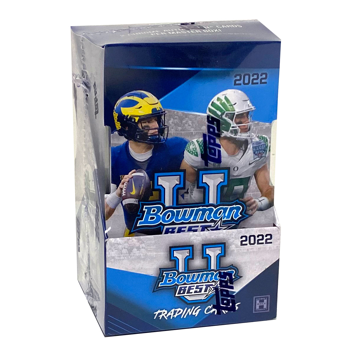 A box of 2022 Bowman's Best University Football trading cards featuring images of college football players from Bowman University on the packaging.