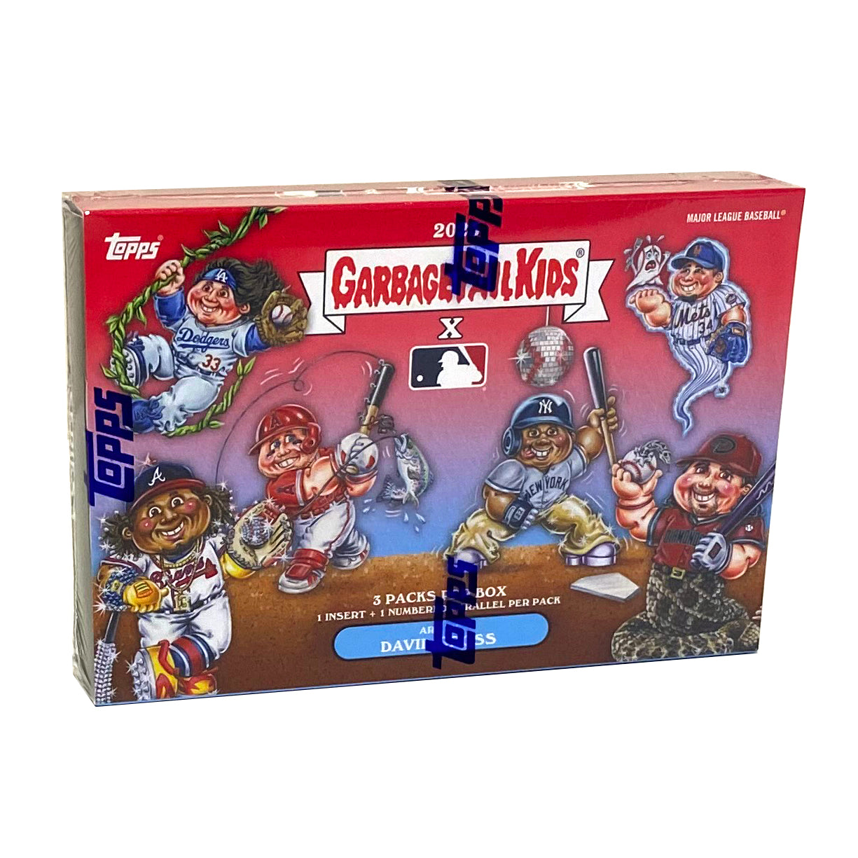 A factory-sealed box of 2023 Topps Garbage Pail Kids x MLB Series 3 trading cards featuring character artwork and baseball players.