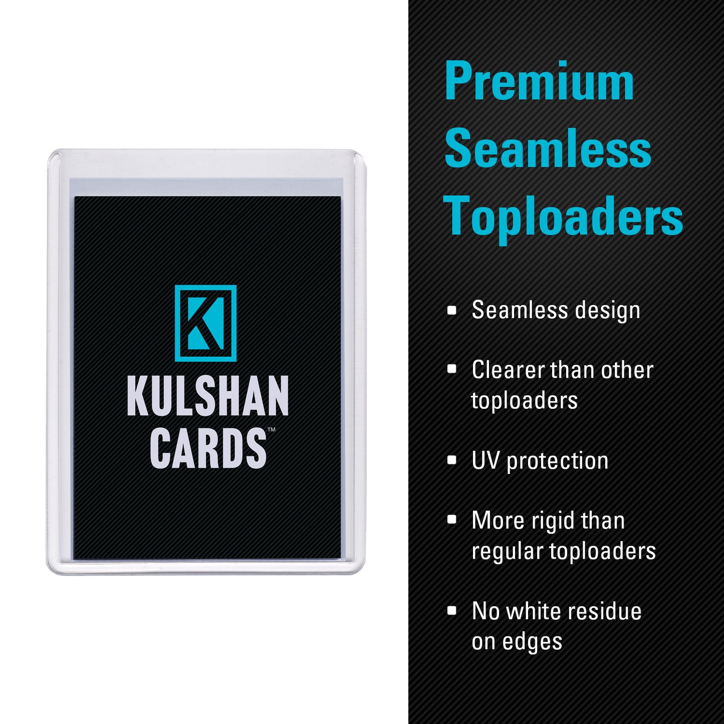 Kulshan Cards toploader with brand logo and feature list on a black background