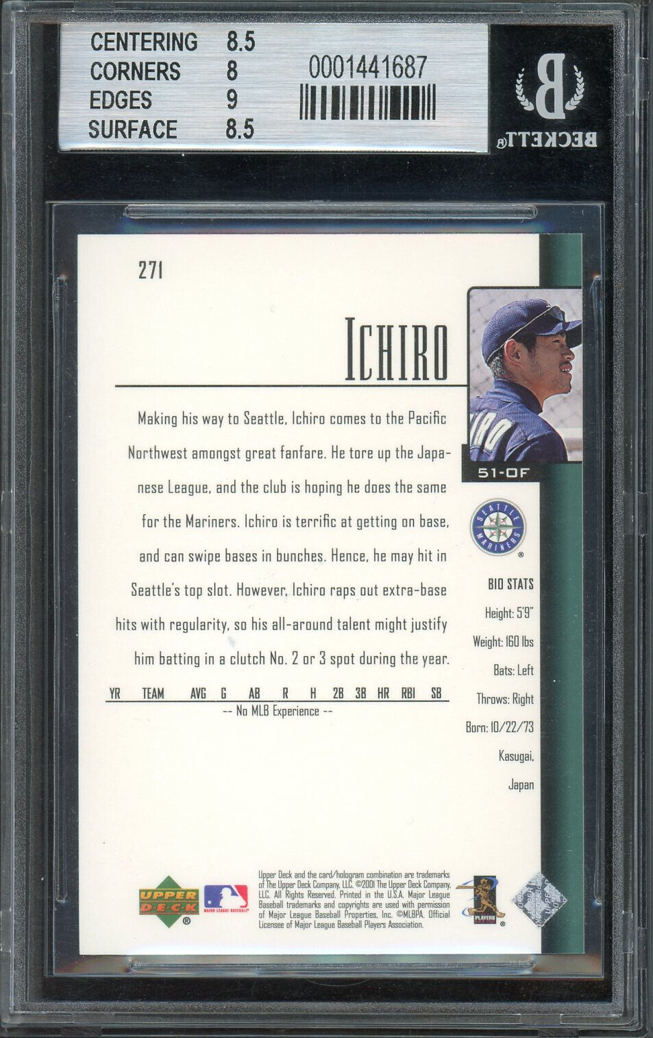 2001 Upper Deck #271 Ichiro Suzuki Seattle Mariners BGS 8.5 NM-MT+