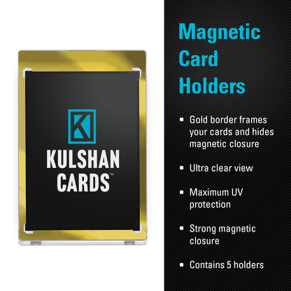 Gold magnetic card holder with Kulshan Cards branding on a white background
