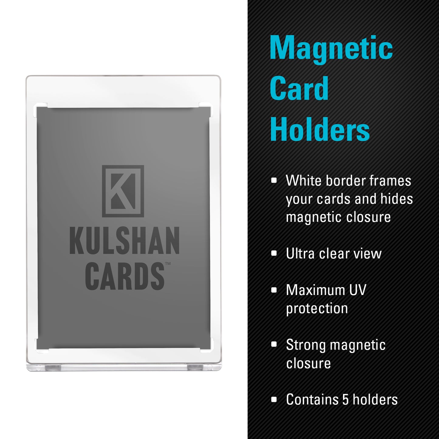 Kulshan Cards magnetic card holder with product features on a white and black background