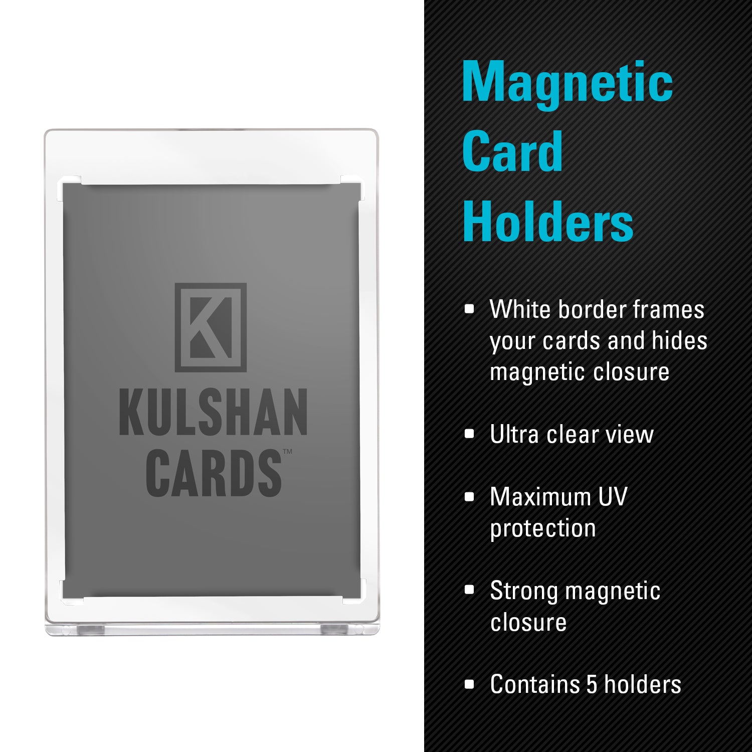 Kulshan Cards magnetic card holder with product features on a white and black background