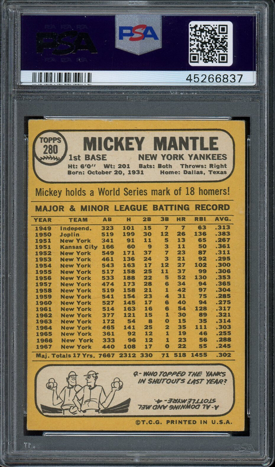 1968 Topps #280 Mickey Mantle New York Yankees PSA 4 VG-EX