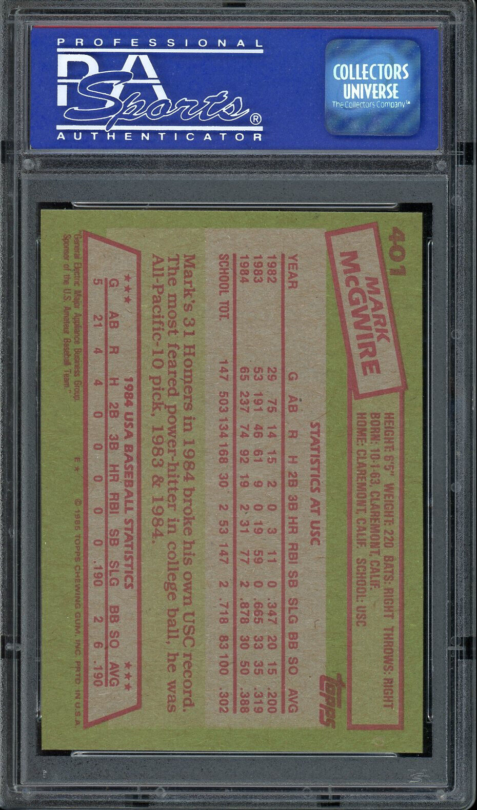 1985 Topps #401 Mark McGwire USA Baseball Team PSA 8 NM-MT